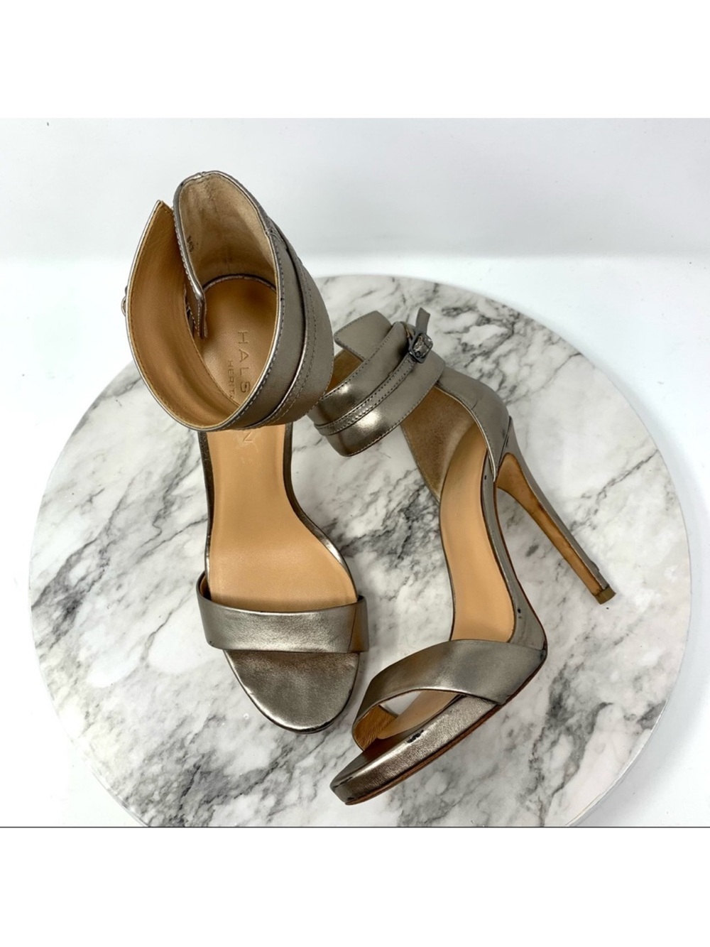 Halston Heritage Ellen Metallic Leather Ankle Strap Pumps 7 Grunge Y2K Edgy Chic